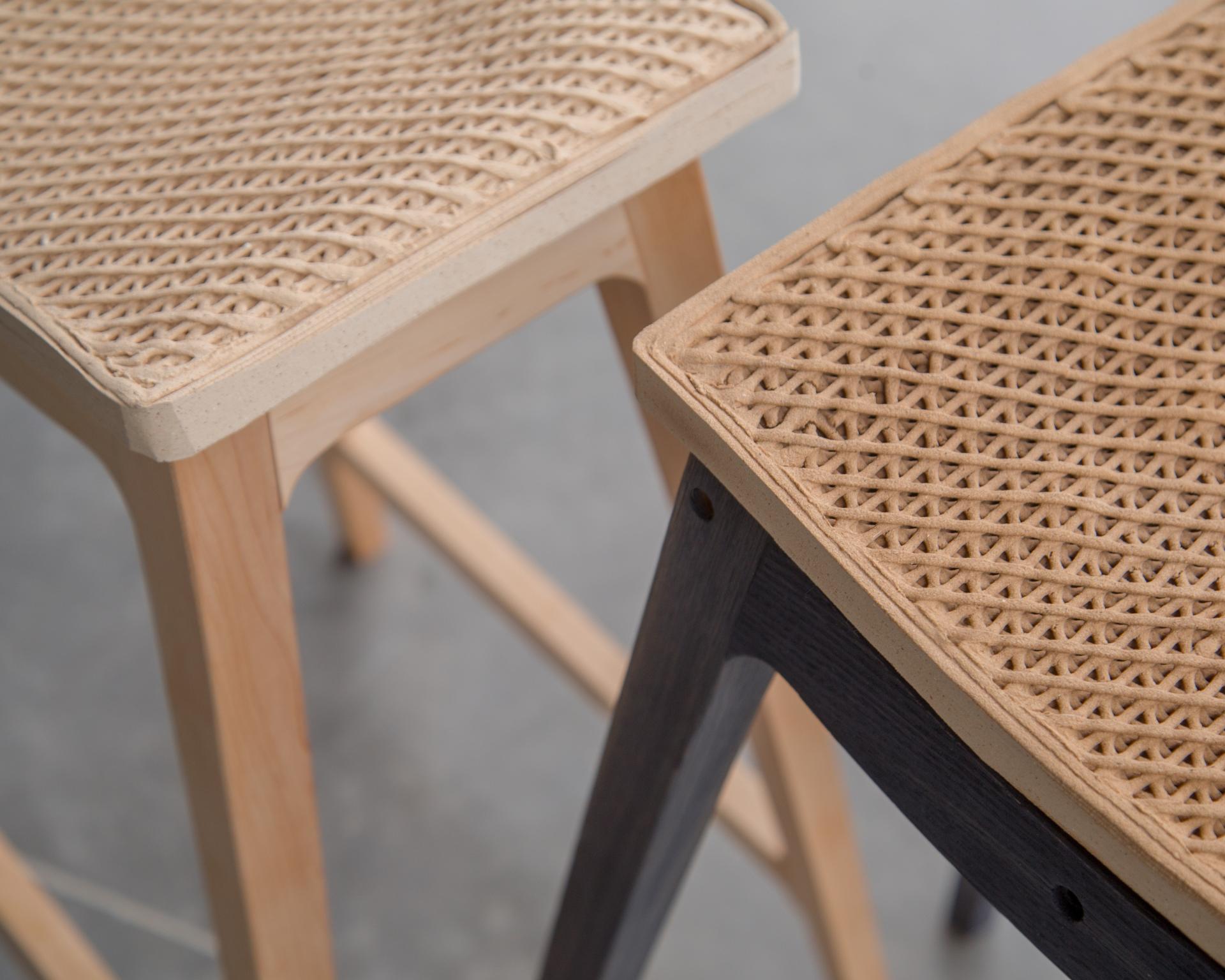 WoodenWood stools featuring digitally fabricated woven surfaces, showcasing sustainable design from sawdust in innovative furniture.