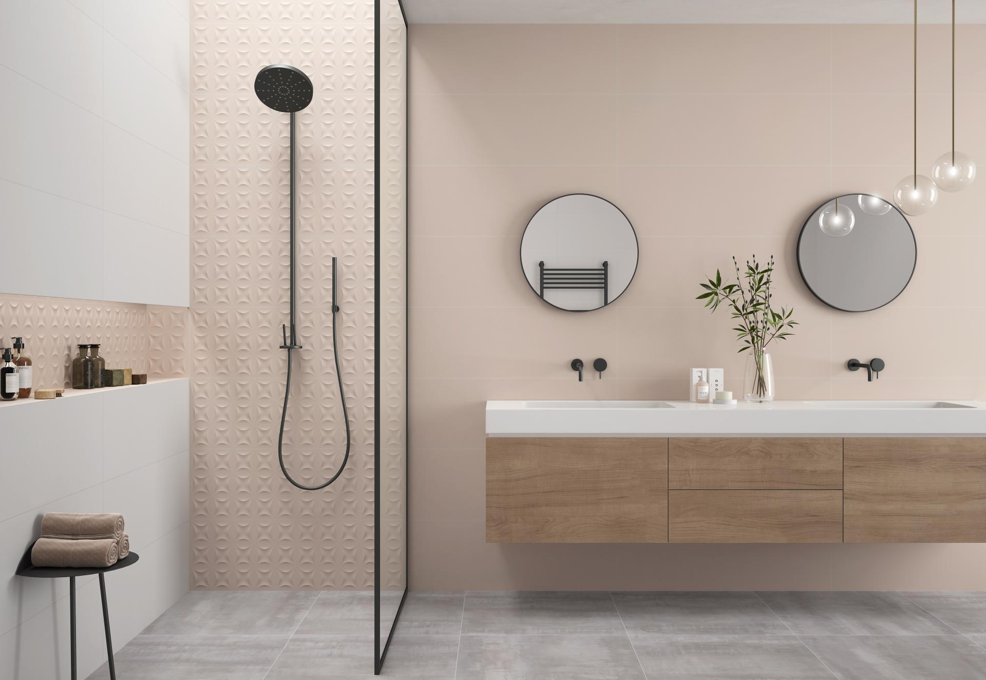 Modern bathroom featuring stylish Spanish tiles, a walk-in shower, and elegant wooden vanity with mirrors and plant decor.