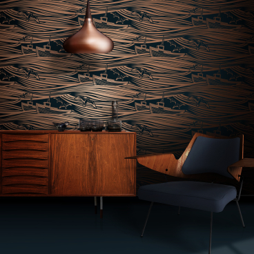 Stylish interior featuring Whitby wallpaper, wooden furniture, and coastal-themed decor, perfect for a nautical-inspired home.