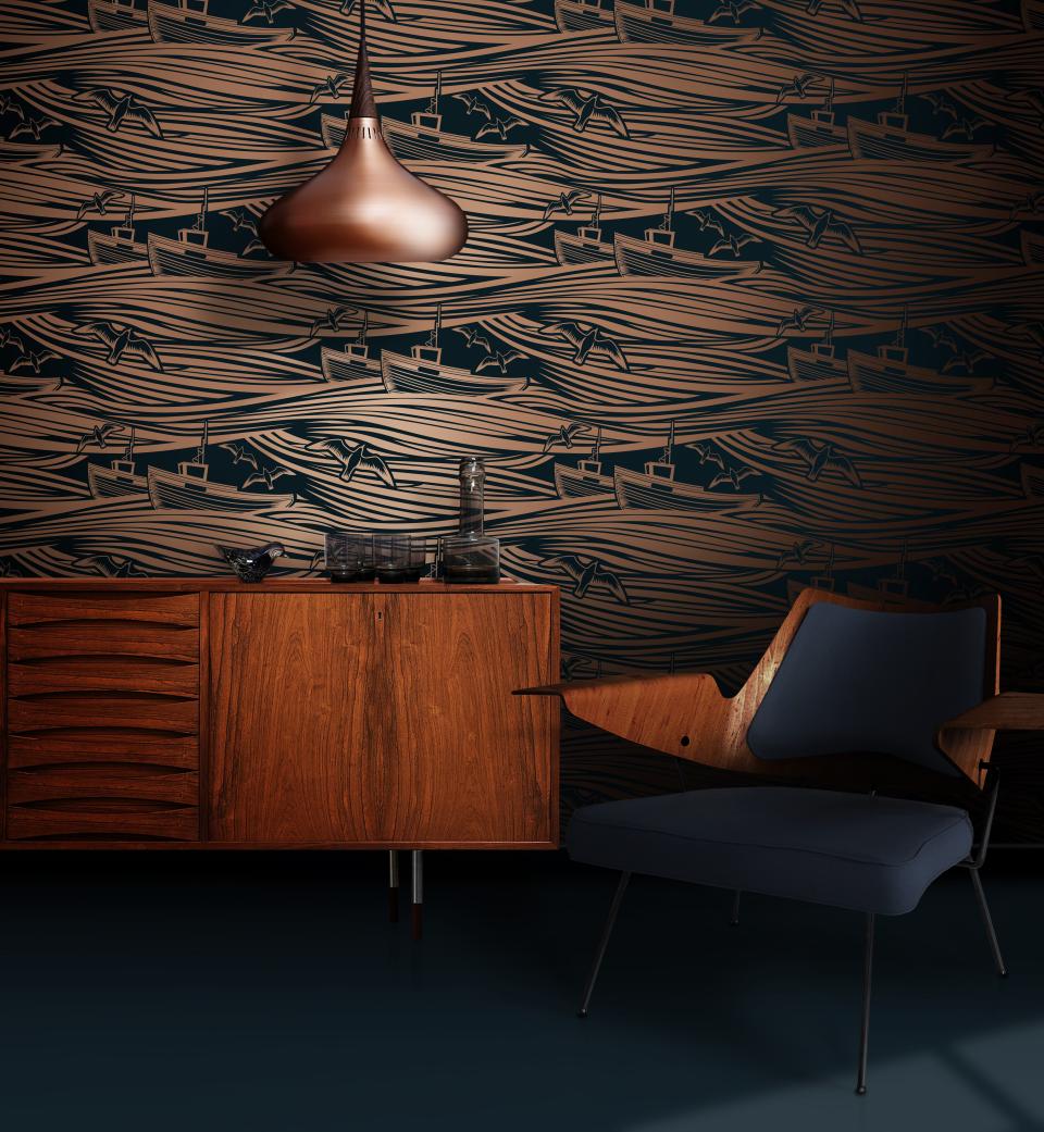 Stylish interior featuring Whitby wallpaper, wooden furniture, and coastal-themed decor, perfect for a nautical-inspired home.