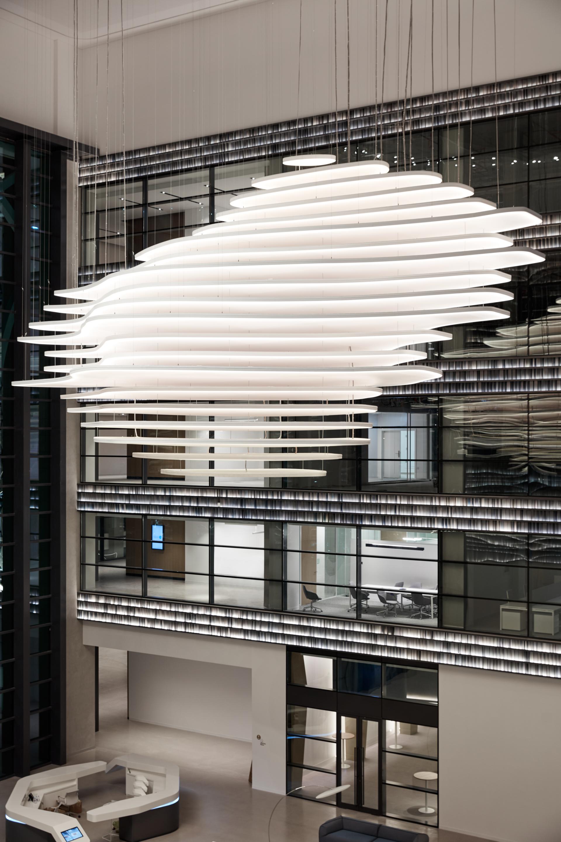 Modern chandelier design illuminates the interior of the Research Technology and Innovation Park at American University of Sharjah.