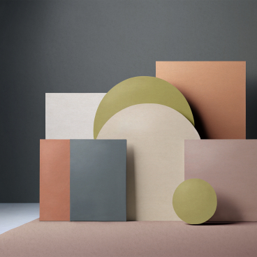 New color palette display featuring geometric shapes inspired by natural landscapes, highlighting Autex Acoustics' latest design innovations.