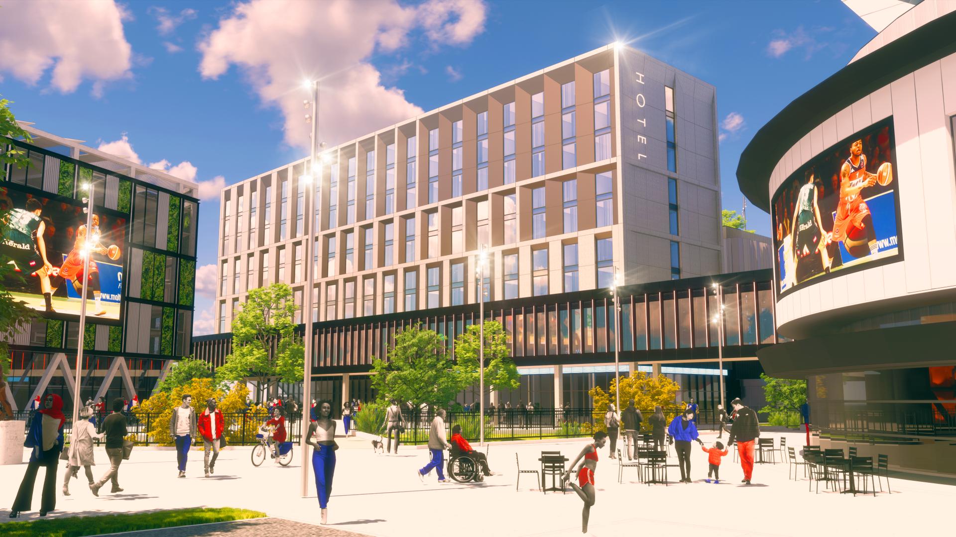 Modern hotel and commercial spaces bustling with people, showcasing harmonious architecture and vibrant outdoor urban design.