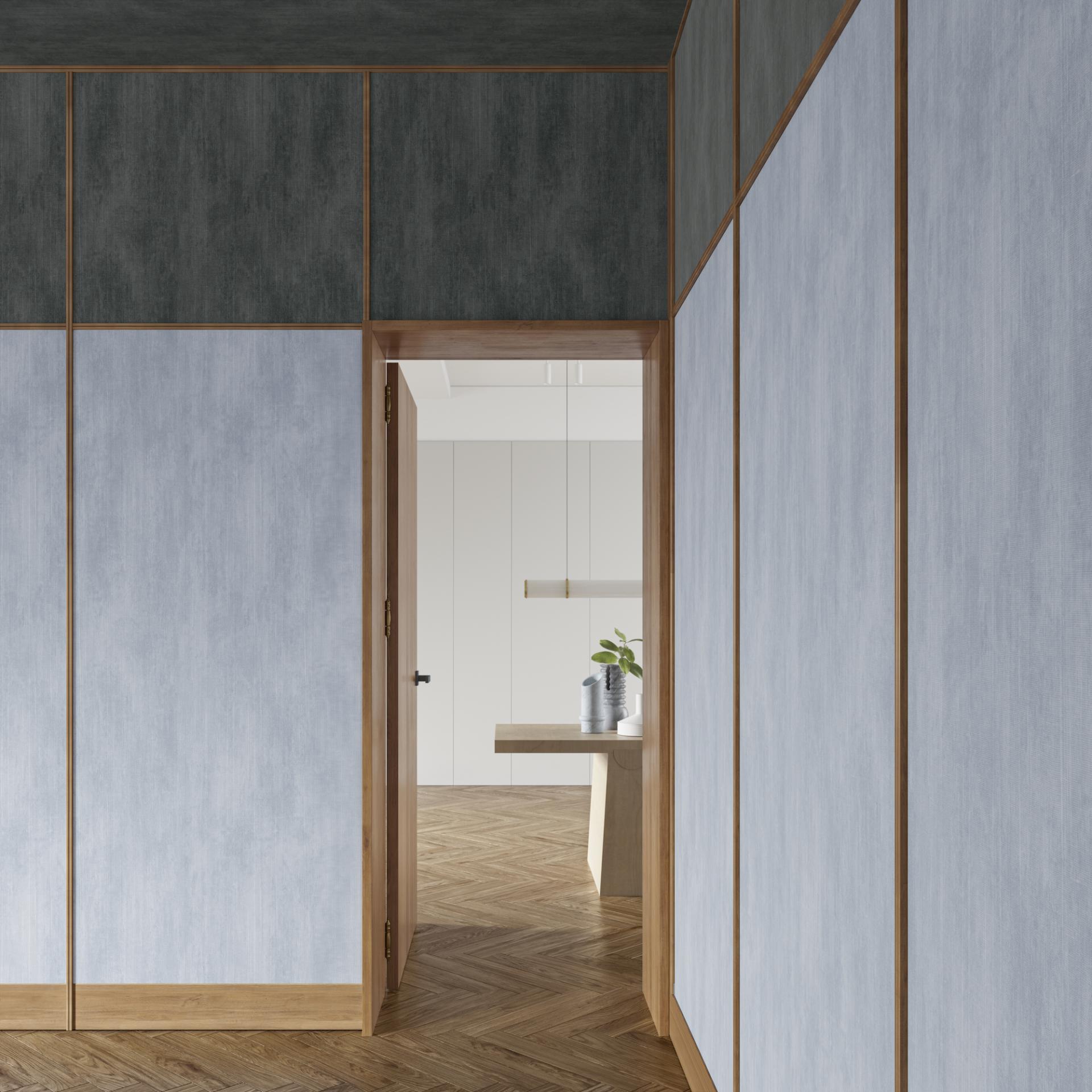 Stylish interior hallway featuring Arte's Brushed Suede wallcovering in soft blue, enhancing autumn-inspired decor.