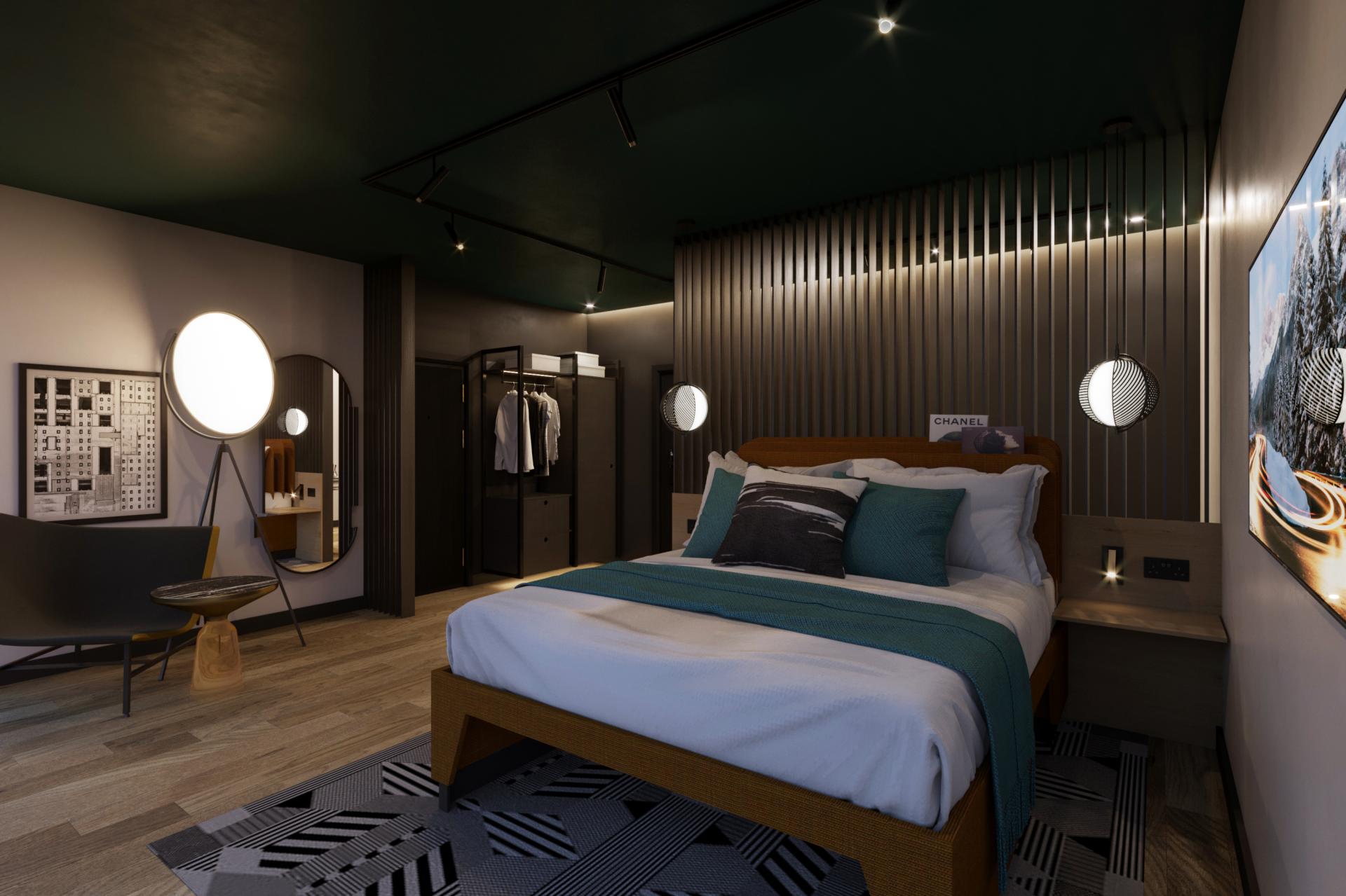 Stylish hotel room interior featuring a modern bed, artistic decor, and sophisticated color scheme at Tribe hotel in Malta.