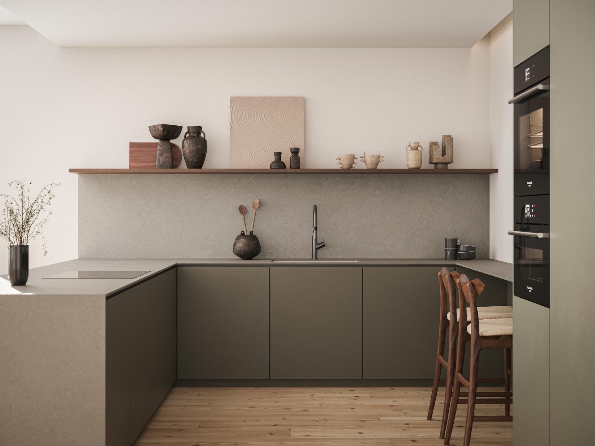 Modern kitchen featuring Caesarstone's Time collection, inspired by mineral evolution, with stylish decor and natural elements.