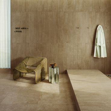 Nordic-inspired Grestec Atacama porcelain tiles create an artisanal wet area with a contemporary poolside aesthetic.