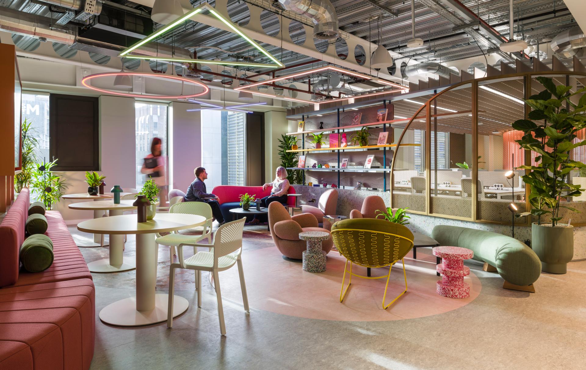 SpaceInvader's workplace scheme for Virgin Media O2 balances vibrancy with variety to support congregation and calm.