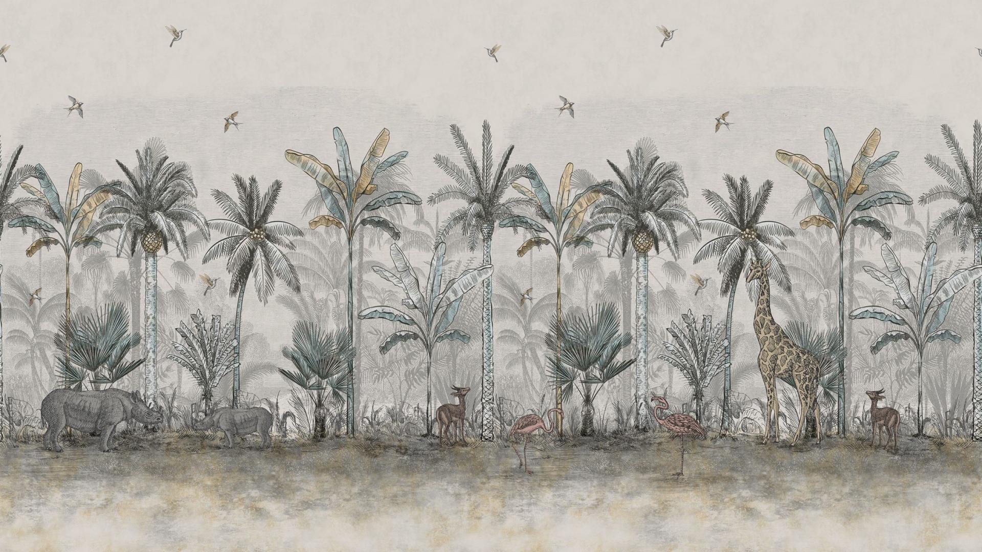 Tropical landscape featuring artistic illustrations of animals like giraffes, rhinos, and flamingos among lush vegetation.