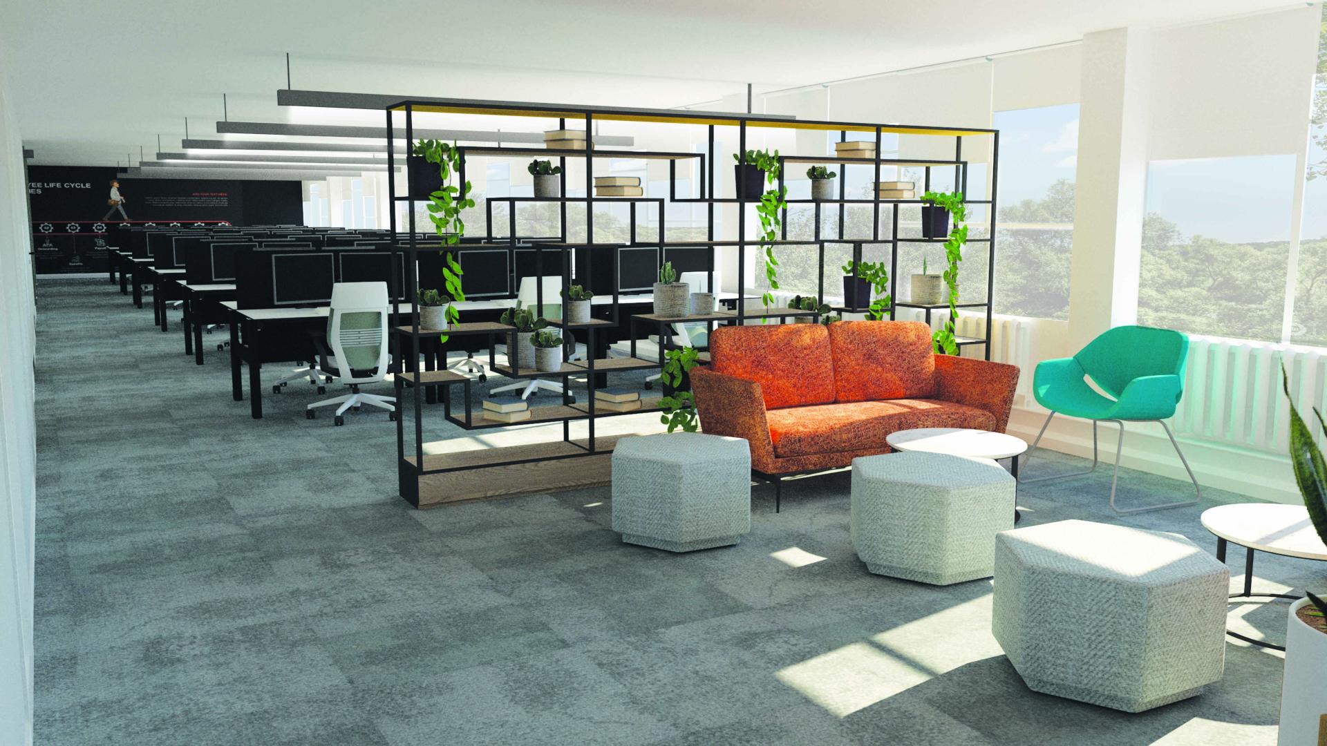 Modern office workspace featuring collaborative seating areas, plants, and workstations, promoting flexibility and productivity in third workspaces.