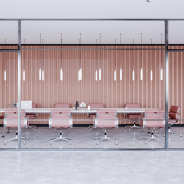 Modern conference room featuring Swell acoustic wall cladding, stylish furniture, and pendant lighting, promoting creative collaboration.