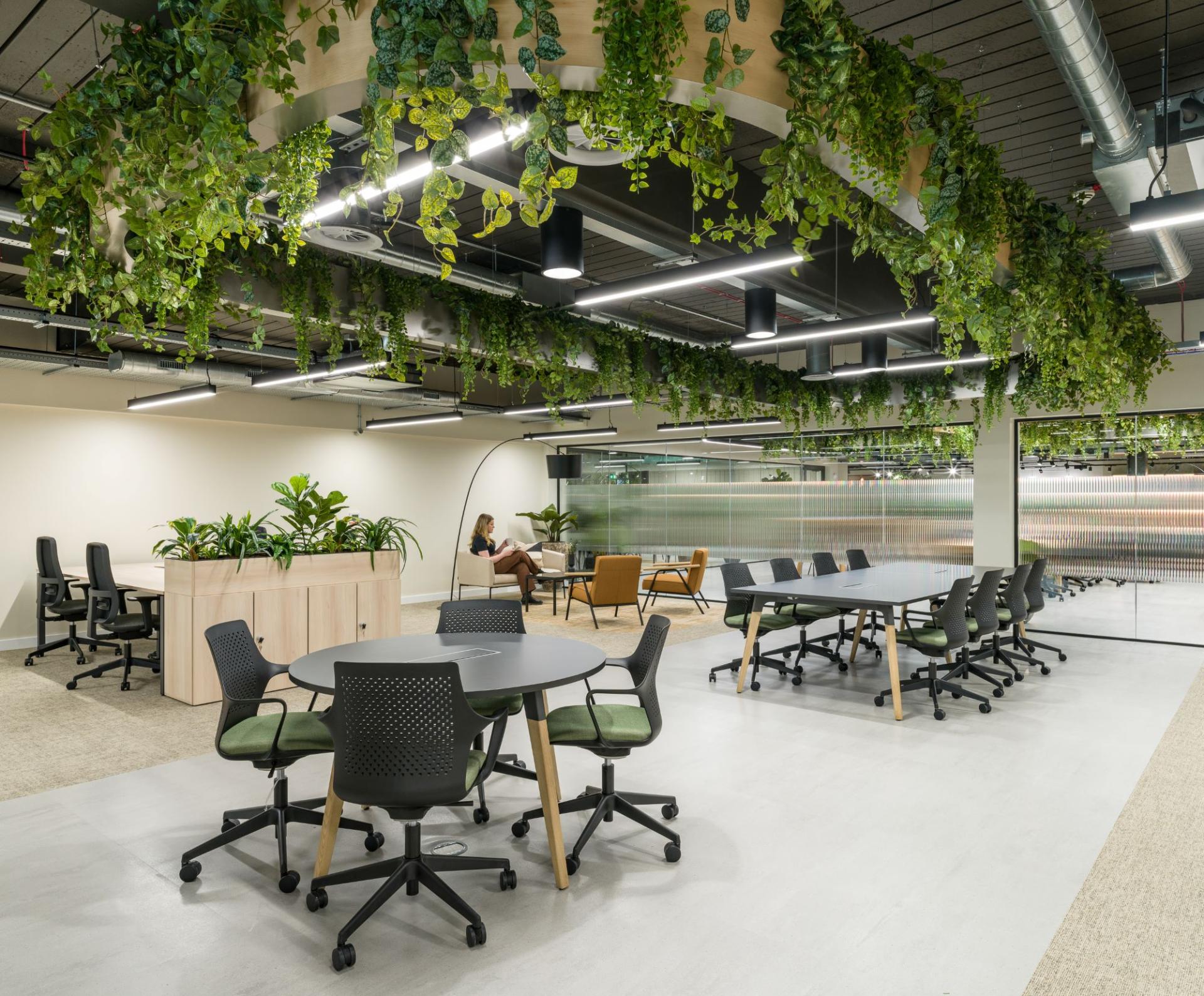 Modern office space at Glasshouse, featuring greenery, collaborative workstations, and a comfortable seating area for creative engagement.