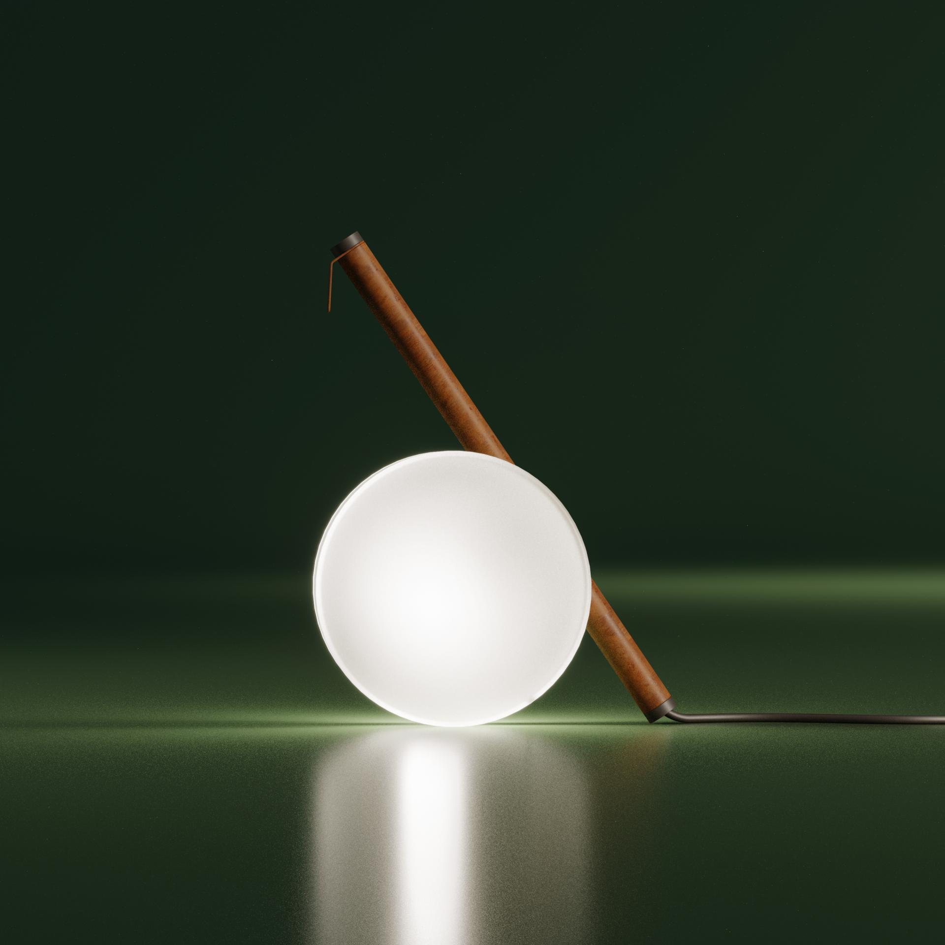 Modern designer lamp featuring a round glass light source and a wooden handle, balancing elegance and innovation in lighting design.