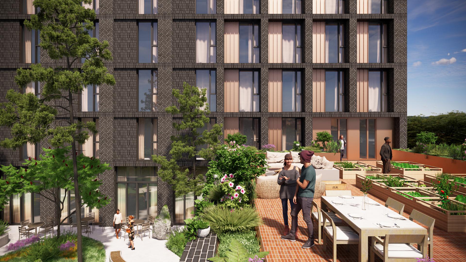 Modern co-living space featuring an outdoor terrace with greenery, communal seating, and residents engaging in social activities.