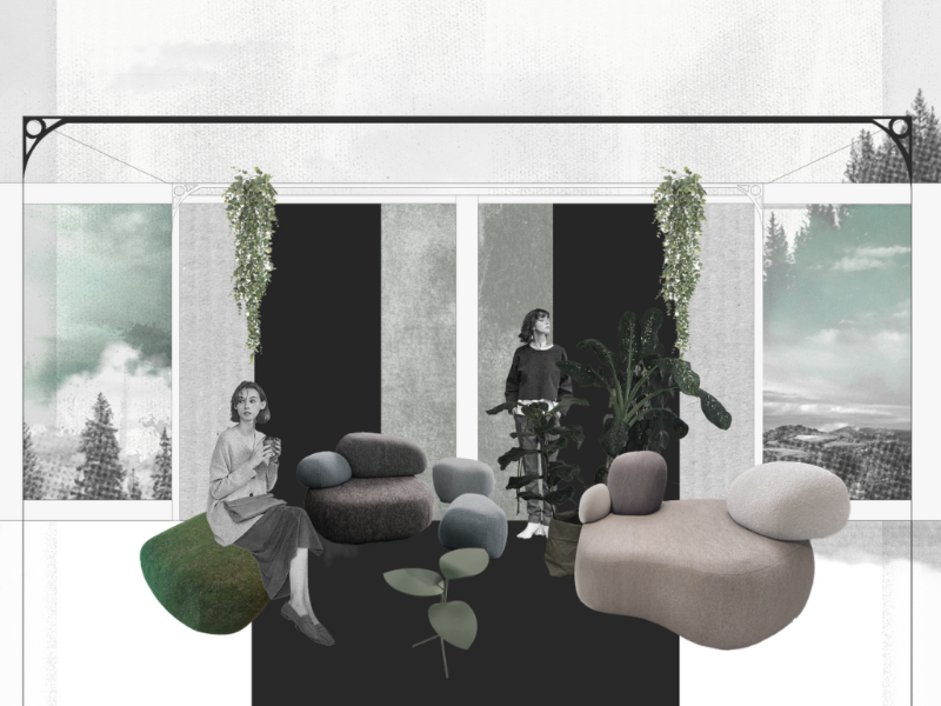 Modern workspace design featuring stylish furniture, greenery, and two women engaged in conversation, highlighting future workplace trends.