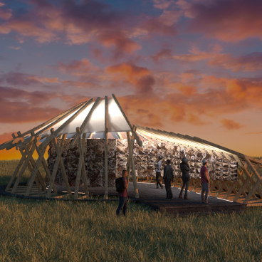 Newly designed Hayes Pavilion at Glastonbury Festival, showcasing innovative fungi-based architecture with visitors interacting at sunset.