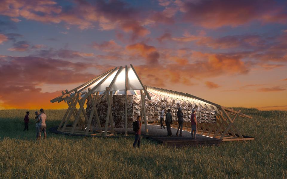 Newly designed Hayes Pavilion at Glastonbury Festival, showcasing innovative fungi-based architecture with visitors interacting at sunset.