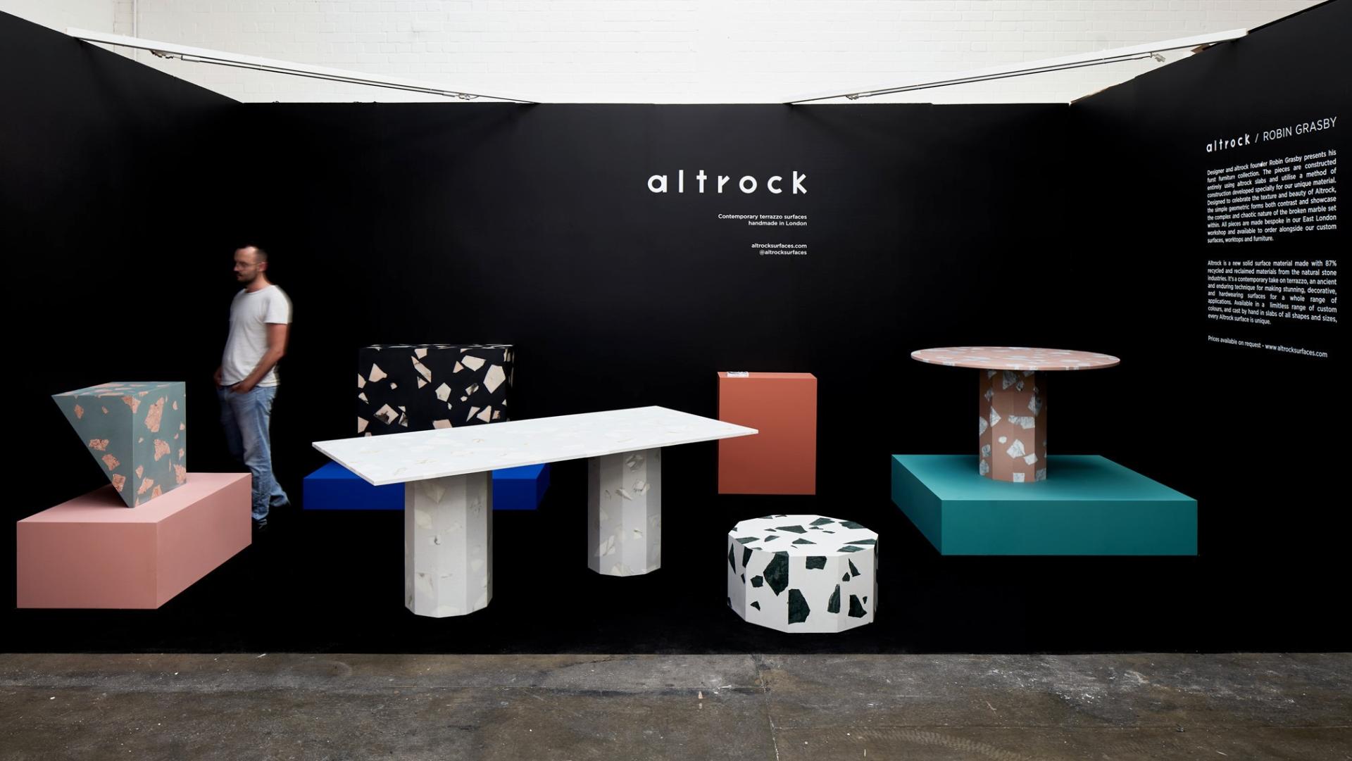 Contemporary terrazzo furniture display by Altrock, featuring unique designs by East London designer Robin Grasby.