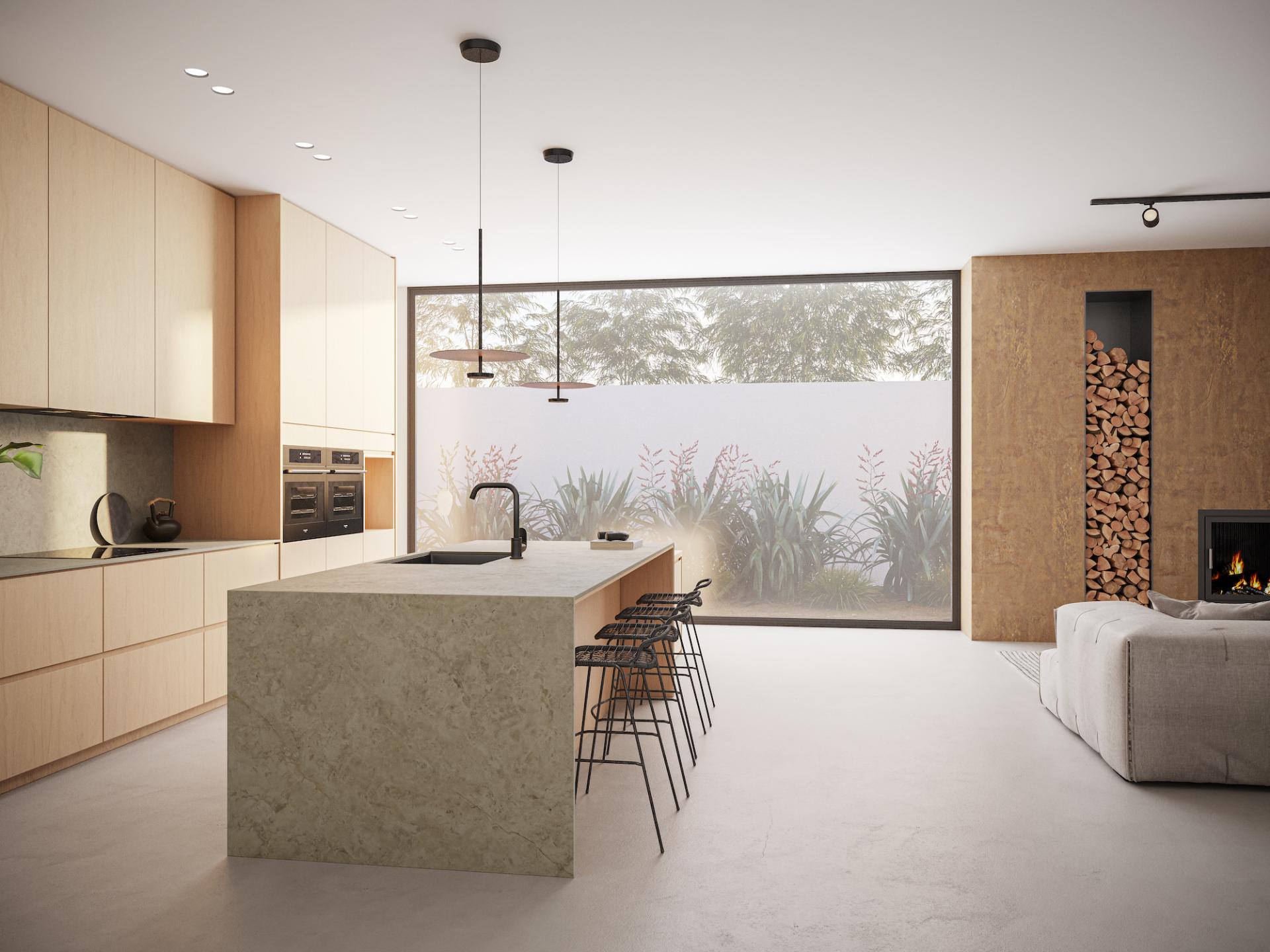 Modern kitchen featuring Caesarstone countertop and natural materials, designed to reflect mineral evolution and contemporary aesthetics.