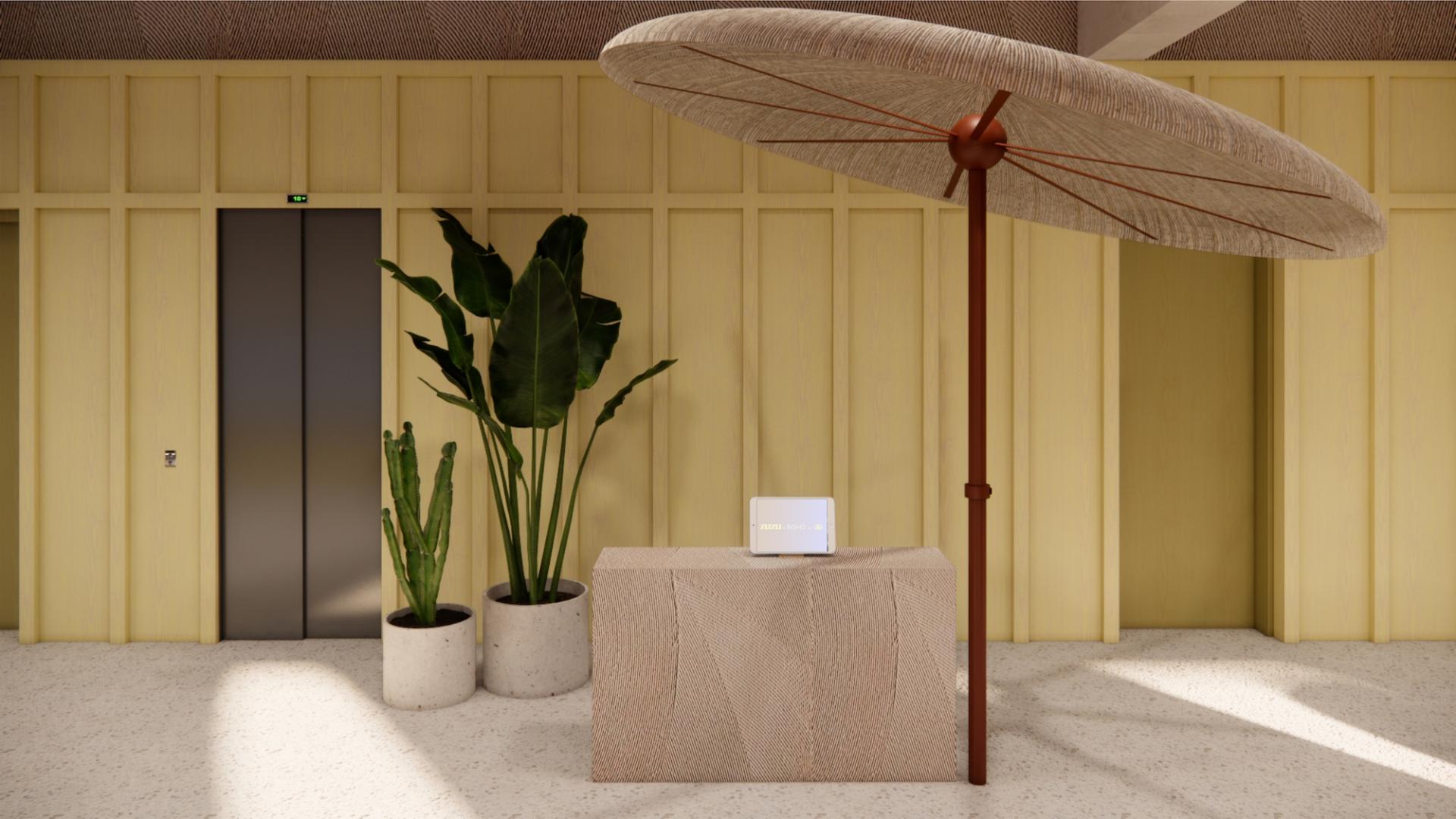 Modern co-living space design featuring stylish furniture, greenery, and an umbrella for a welcoming atmosphere.