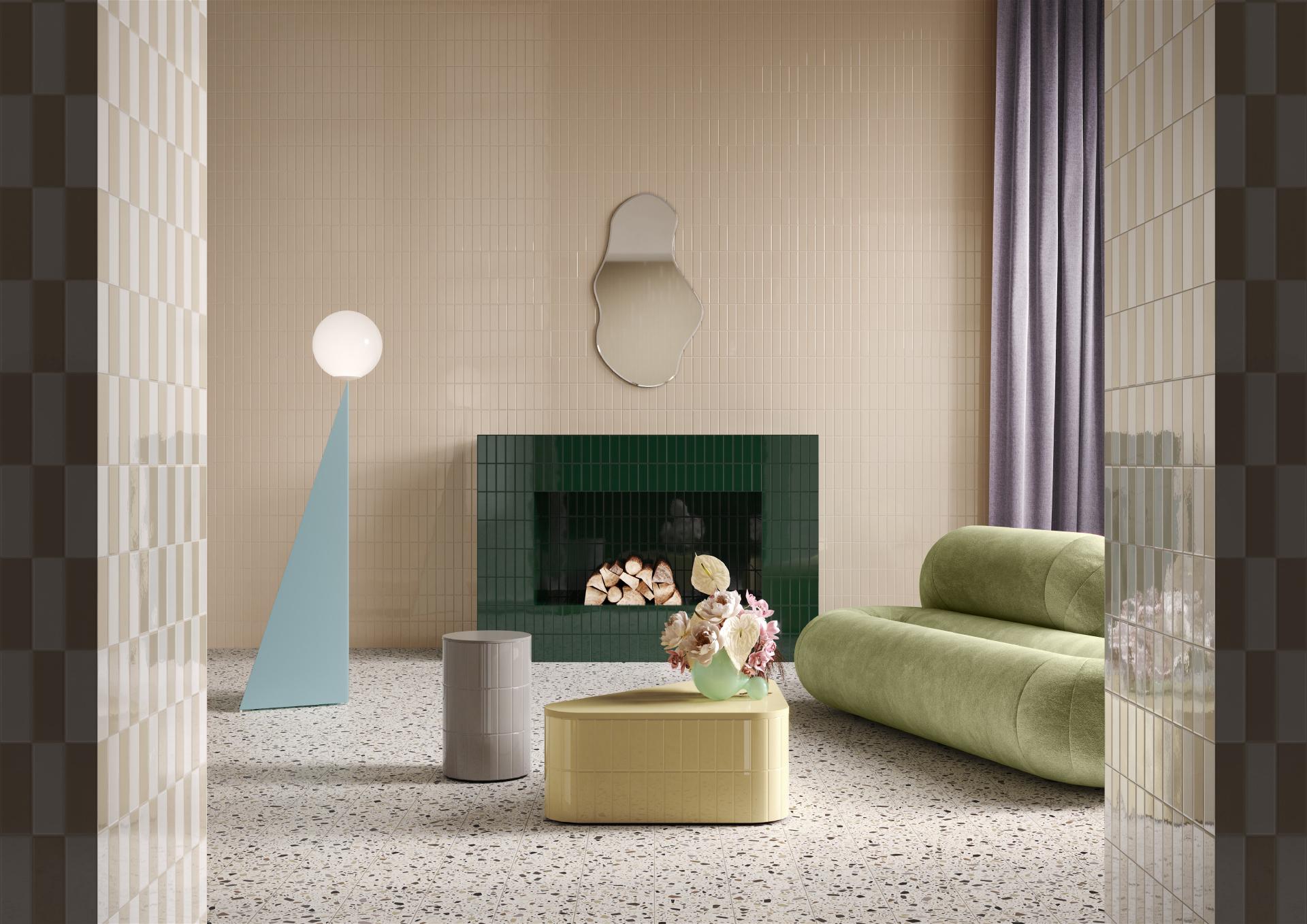 Stylish interior featuring playful color palettes, tiled walls, and modern furniture designs in a contemporary living space.