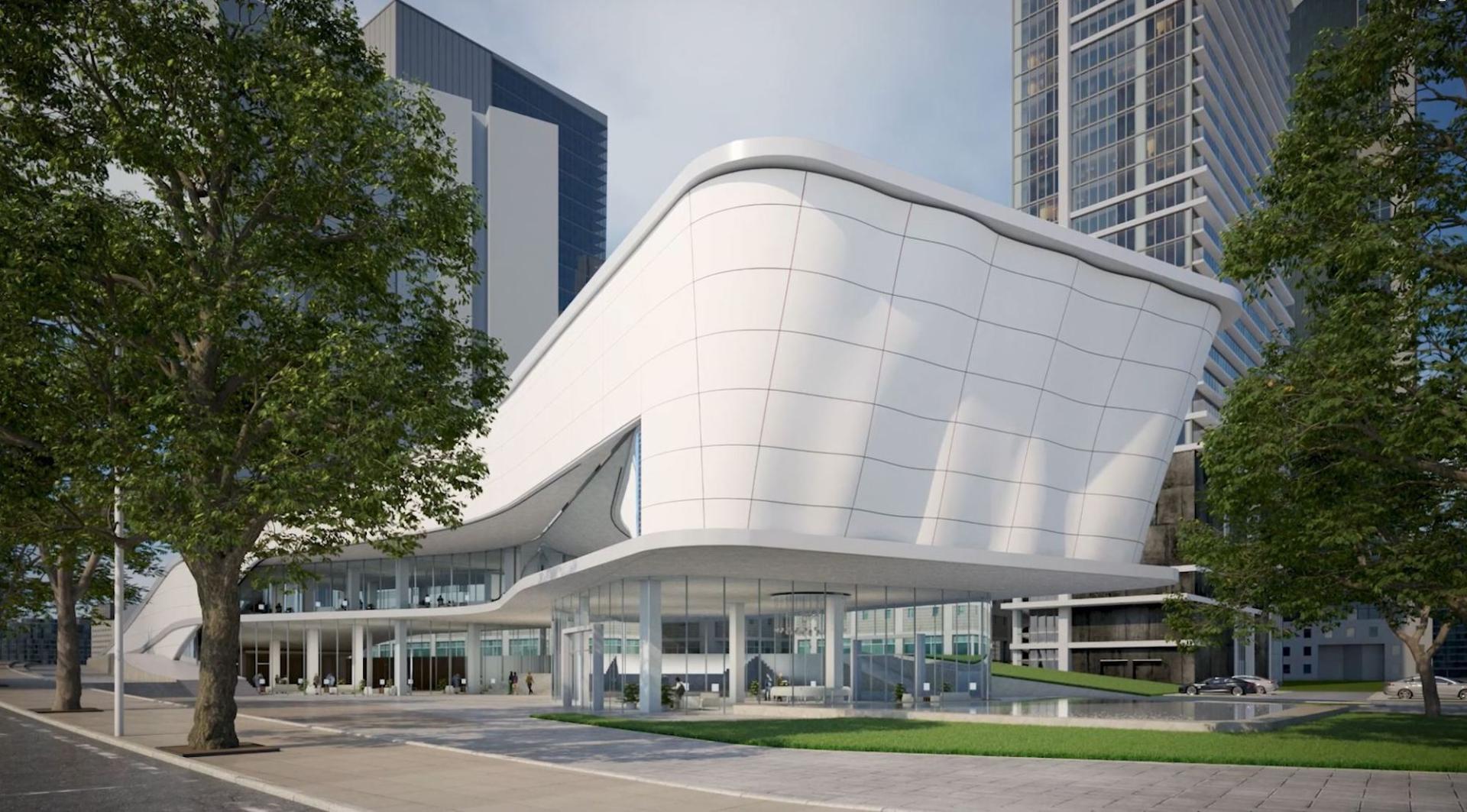 Innovative Corian® fabric building showcasing modern architecture and design possibilities in a vibrant urban setting.