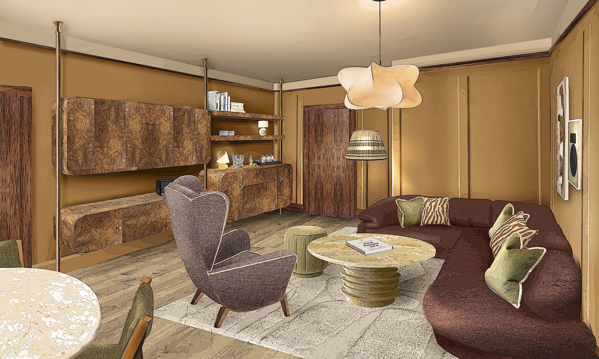 Stylish interior of Soho House Manchester, featuring modern furniture, warm tones, and elegant decor for upcoming spring 2024 opening.