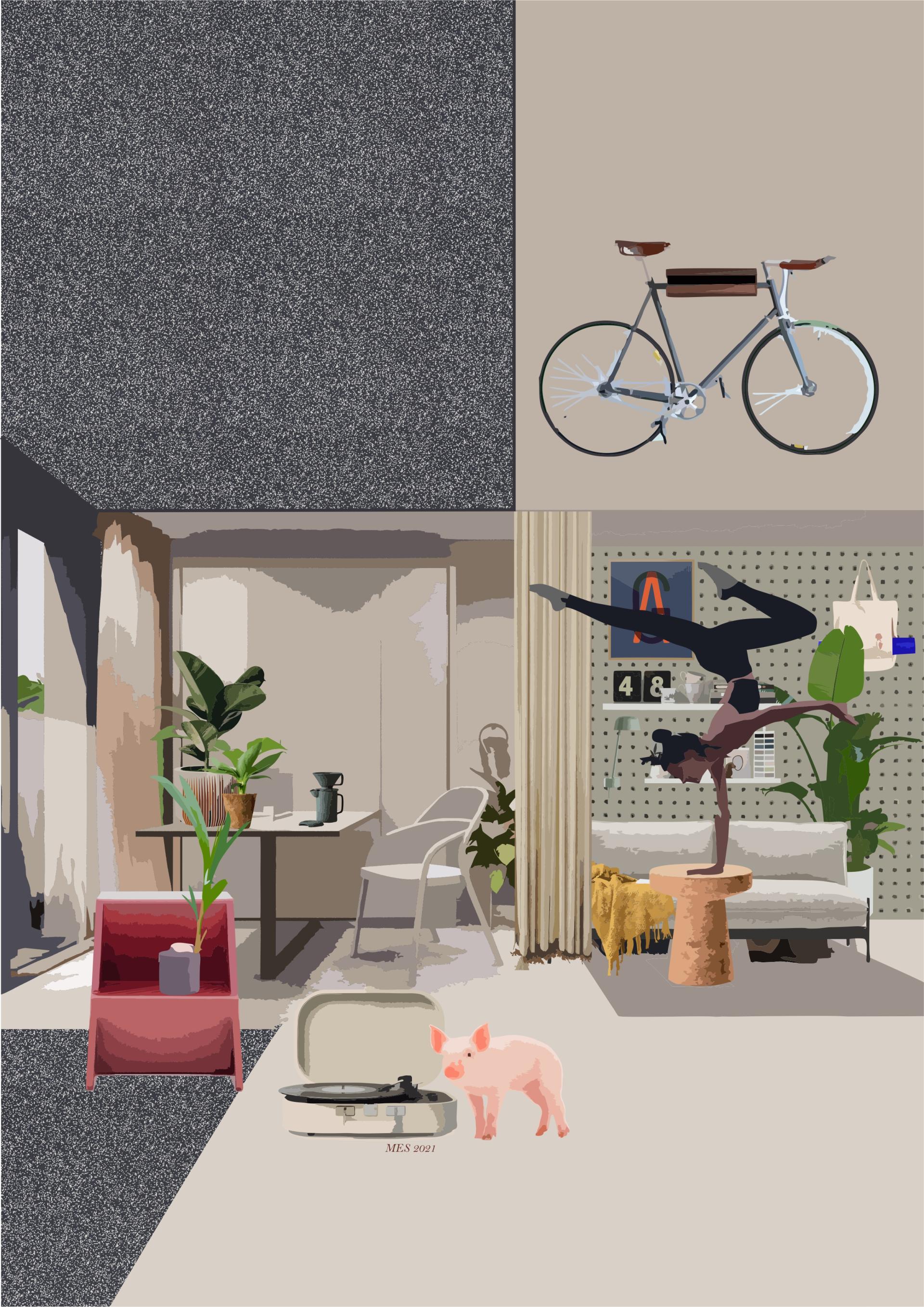Contemporary co-living space featuring a bicycle, indoor plants, a record player, and a person practicing yoga.