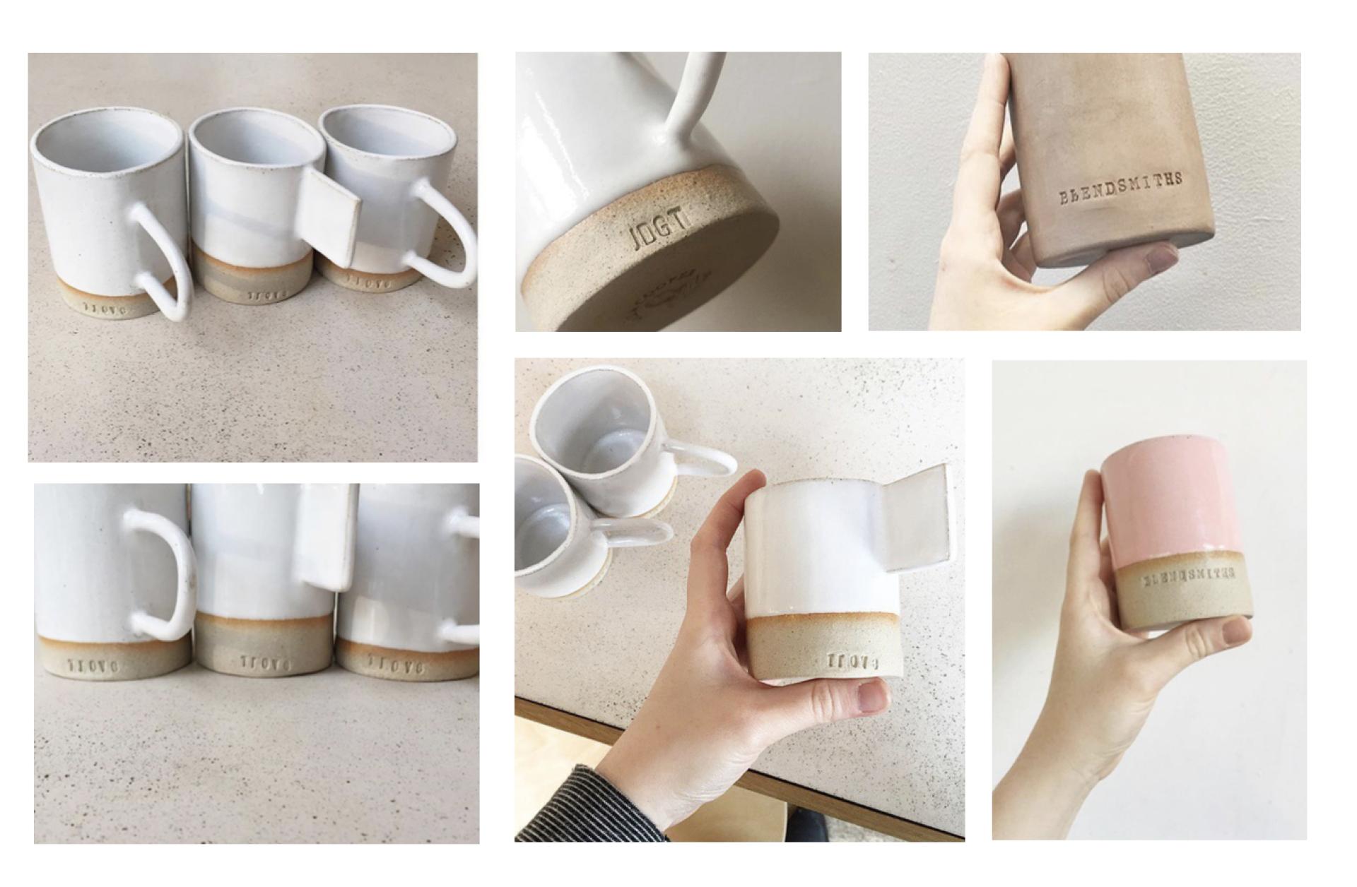 Handcrafted ceramic mugs and vessels displayed on a table, showcasing Manchester's thriving craft design scene.