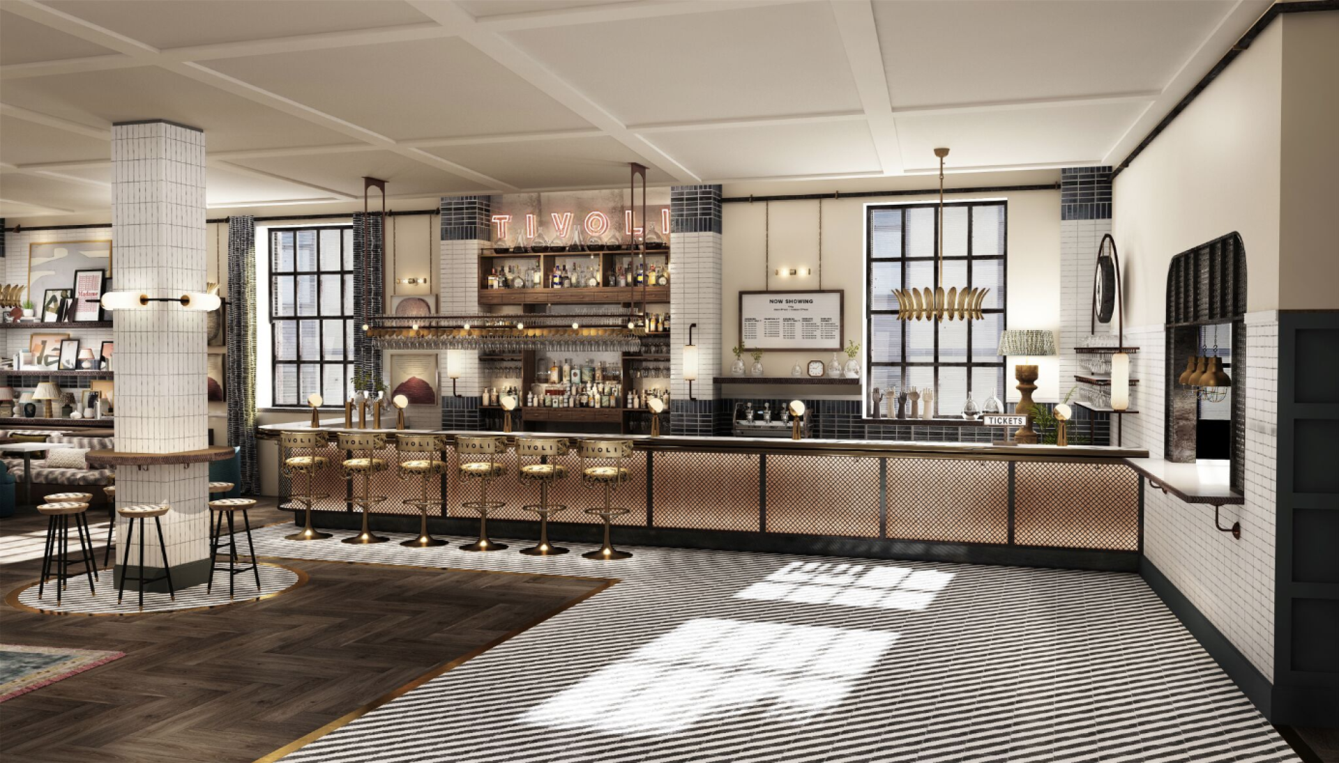 Stylish interior of TIVOLI boutique cinema featuring a bar area with elegant seating and modern decor.