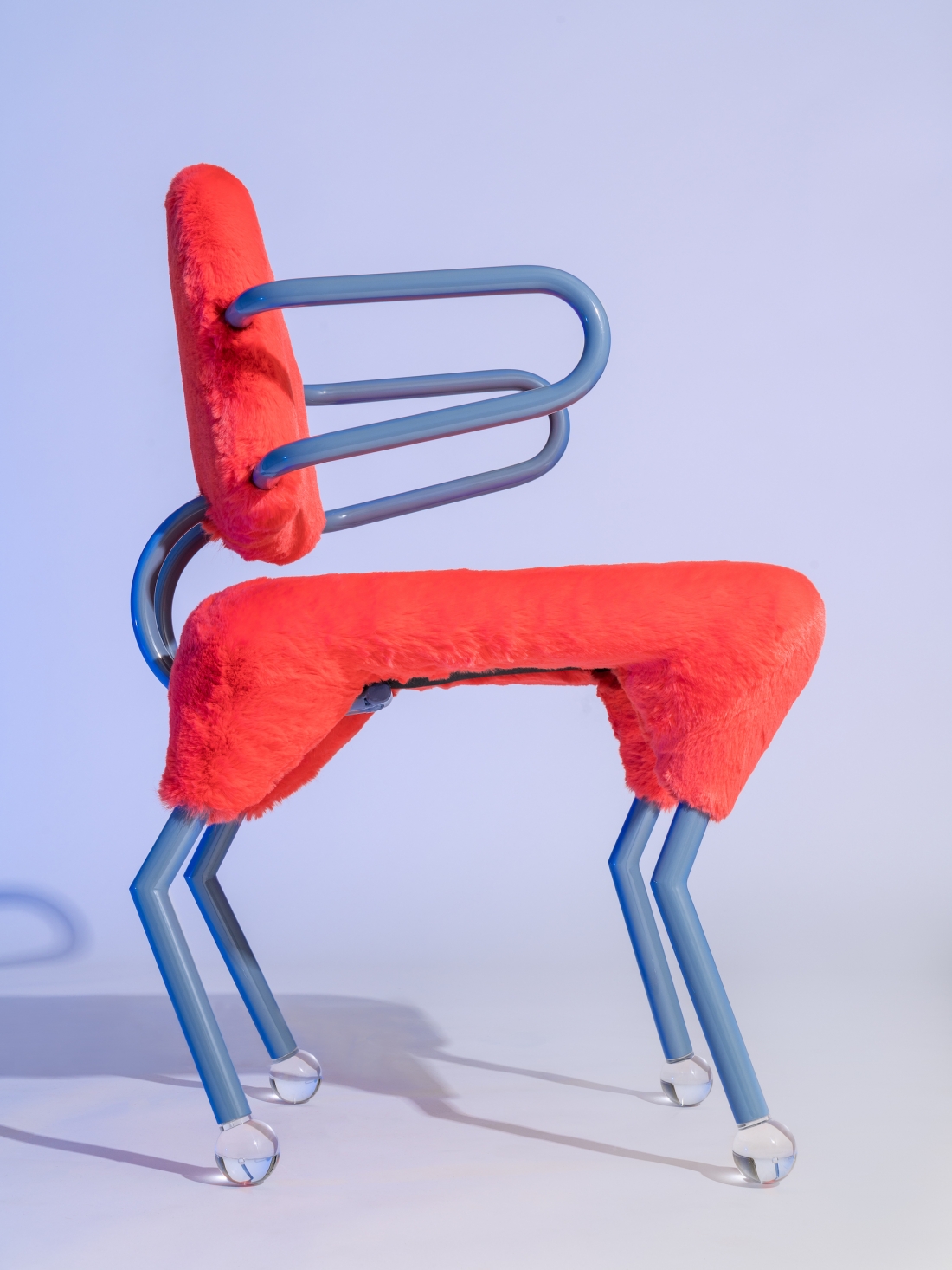 Animal Chair, Masanori Umeda, 2020 (based on a 1982 design), limited edition of 24 items + 2 artist's proof, “Night Tales” Collection, Post Design. Small armchair with metal and synthetic fabric seat and round plexiglass feet. Dimensions: W 50, D 53, H 80 cm. Photograph © Delfino Sisto Legnani. Courtesy of Memphis srl.