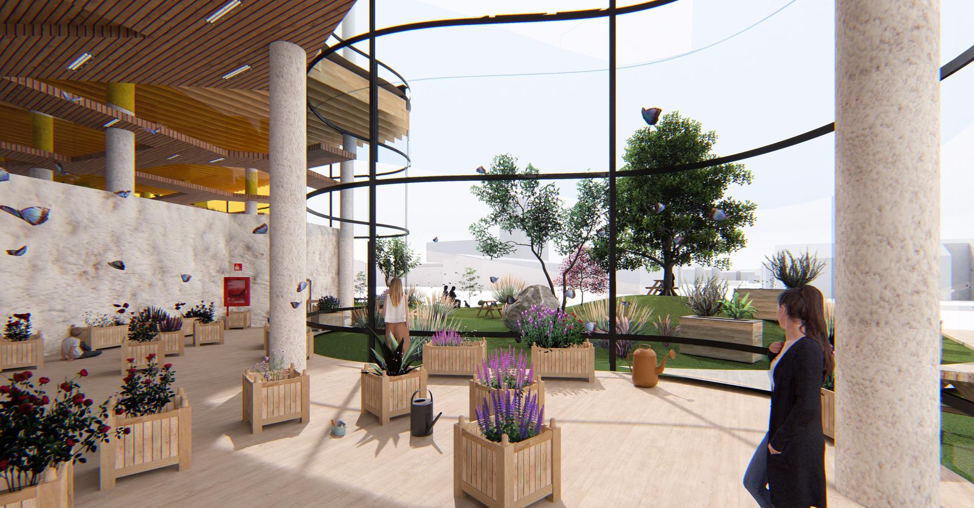 Interior space featuring planters with vibrant plants, large windows, and visitors exploring a modern design environment.