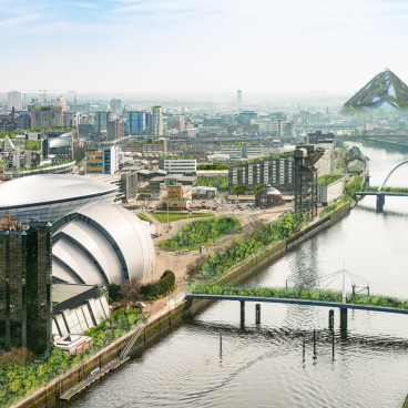 Futuristic cityscape featuring eco-friendly buildings and green spaces along the river, illustrating sustainable urban development.