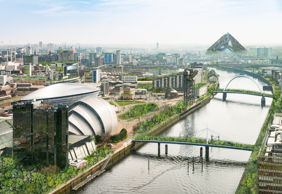 Futuristic cityscape featuring eco-friendly buildings and green spaces along the river, illustrating sustainable urban development.