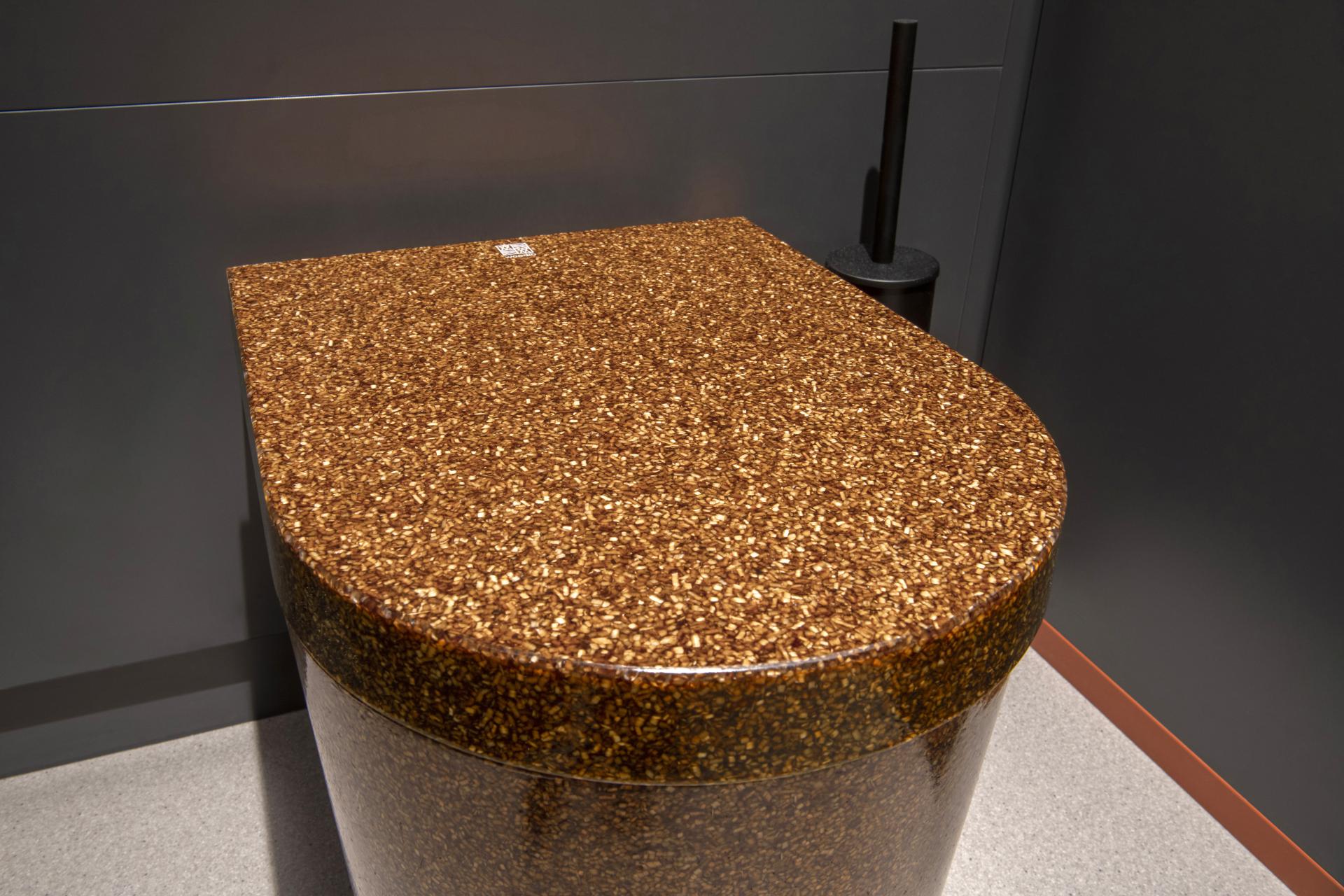 Contemporary washroom design featuring a polished, speckled brown toilet with ergonomic curves in a modern setting.