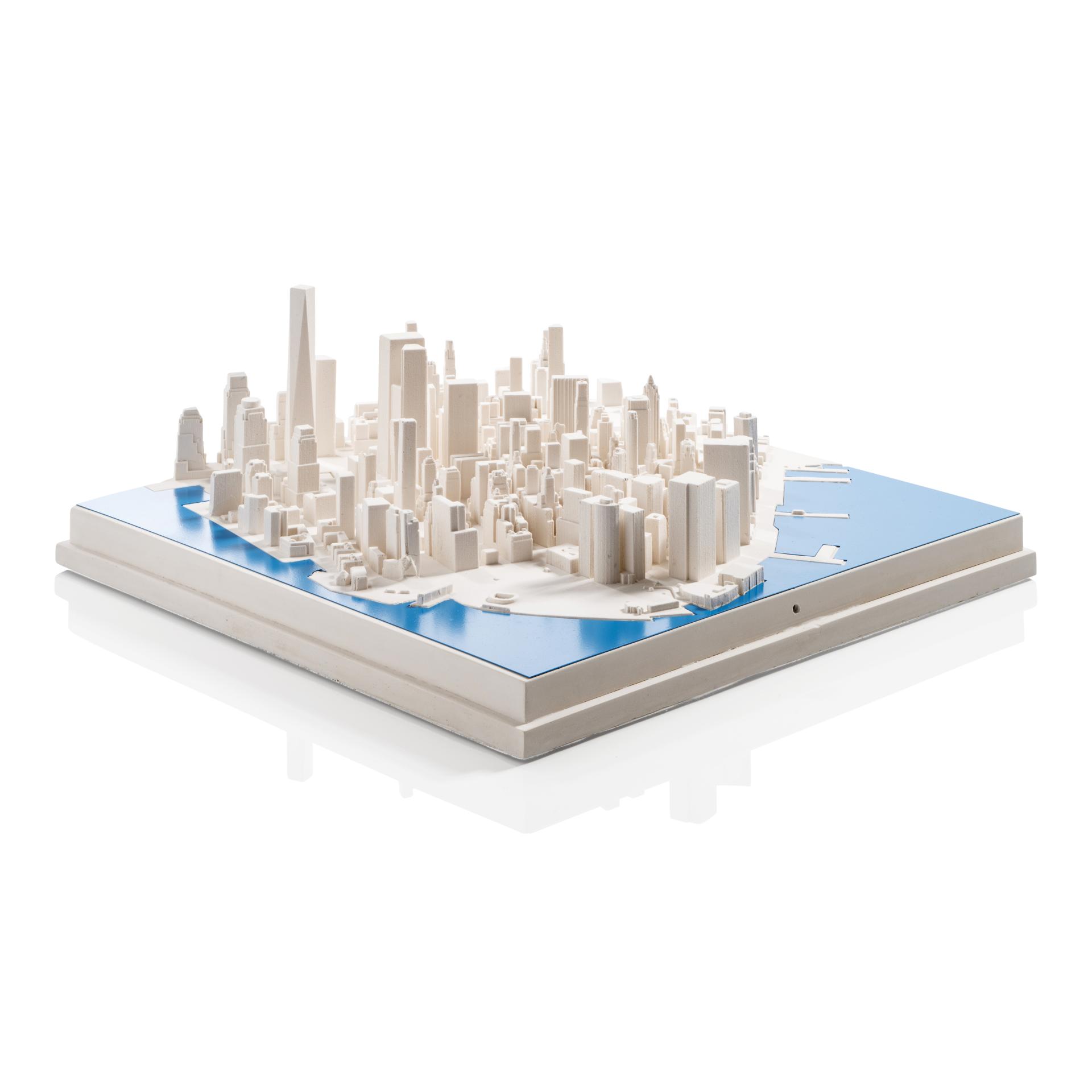 Detailed architectural model of a cityscape showcasing urban features in three-dimensional form for visual representation.