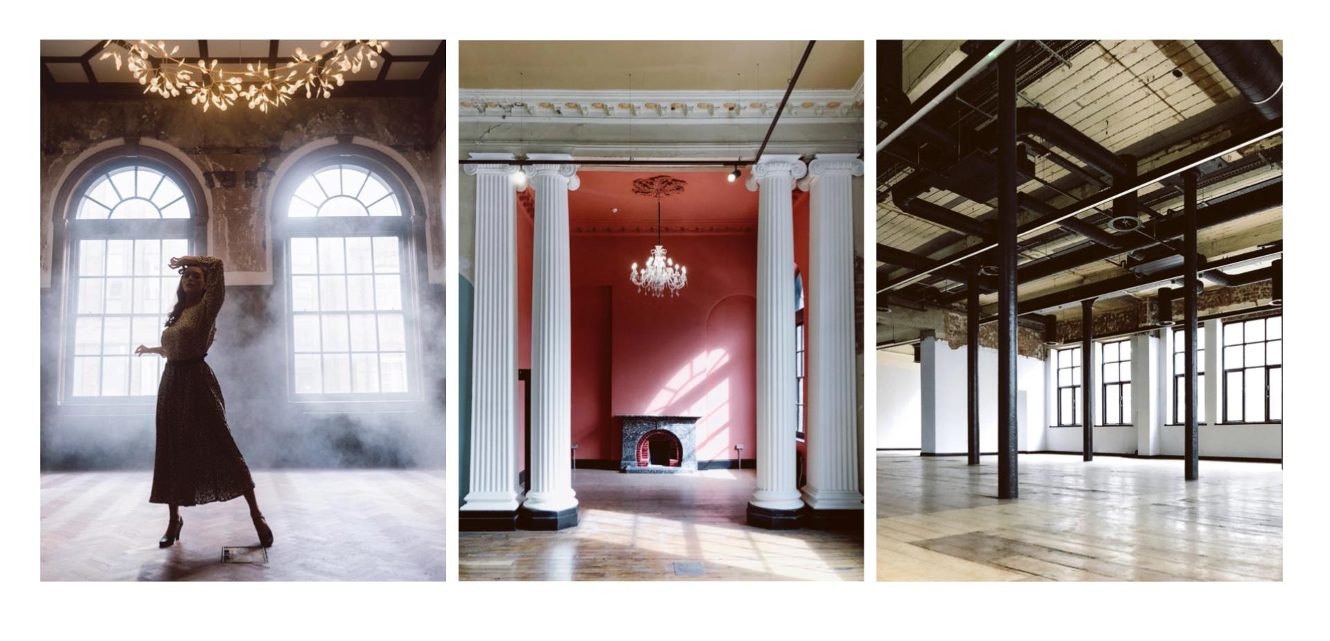 Seamless blend of creative spaces featuring a dancer in motion, elegant interiors, and architectural elements in a vibrant studio.