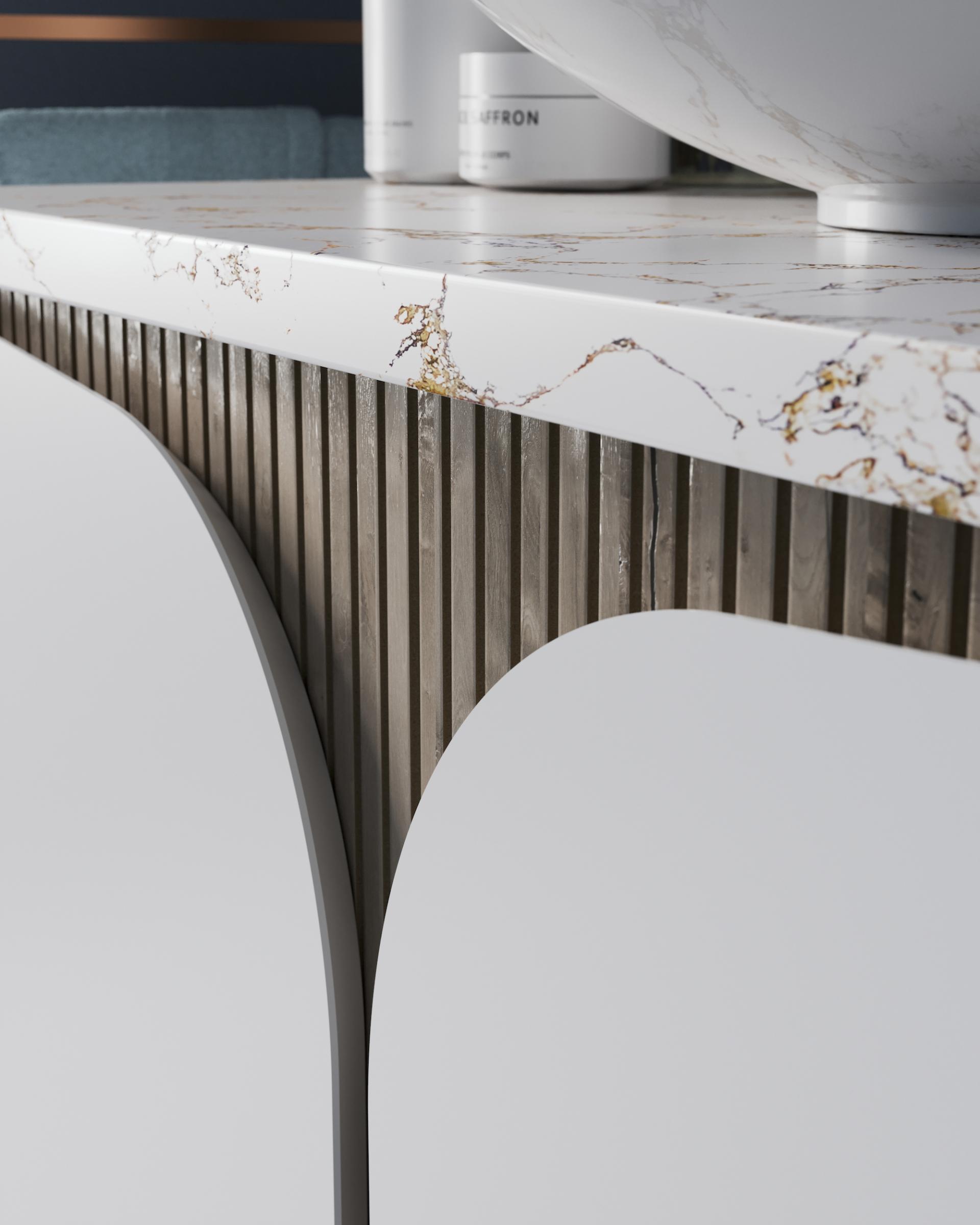 Elegant bathroom vanity showcasing a marble countertop and wooden paneling, perfect for stylish washroom designs.