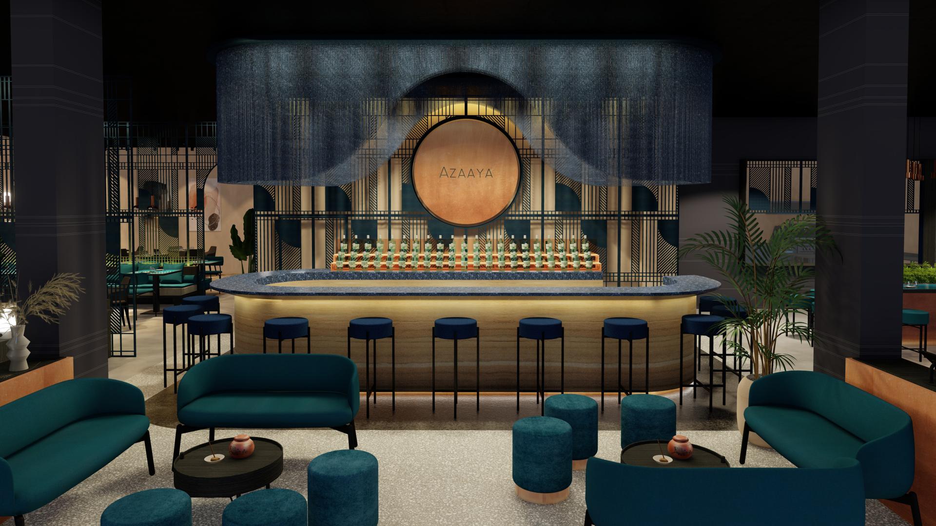 Luxurious interior design of AZAAYA bar featuring elegant seating and a striking, modern bar setup by TS-DS.