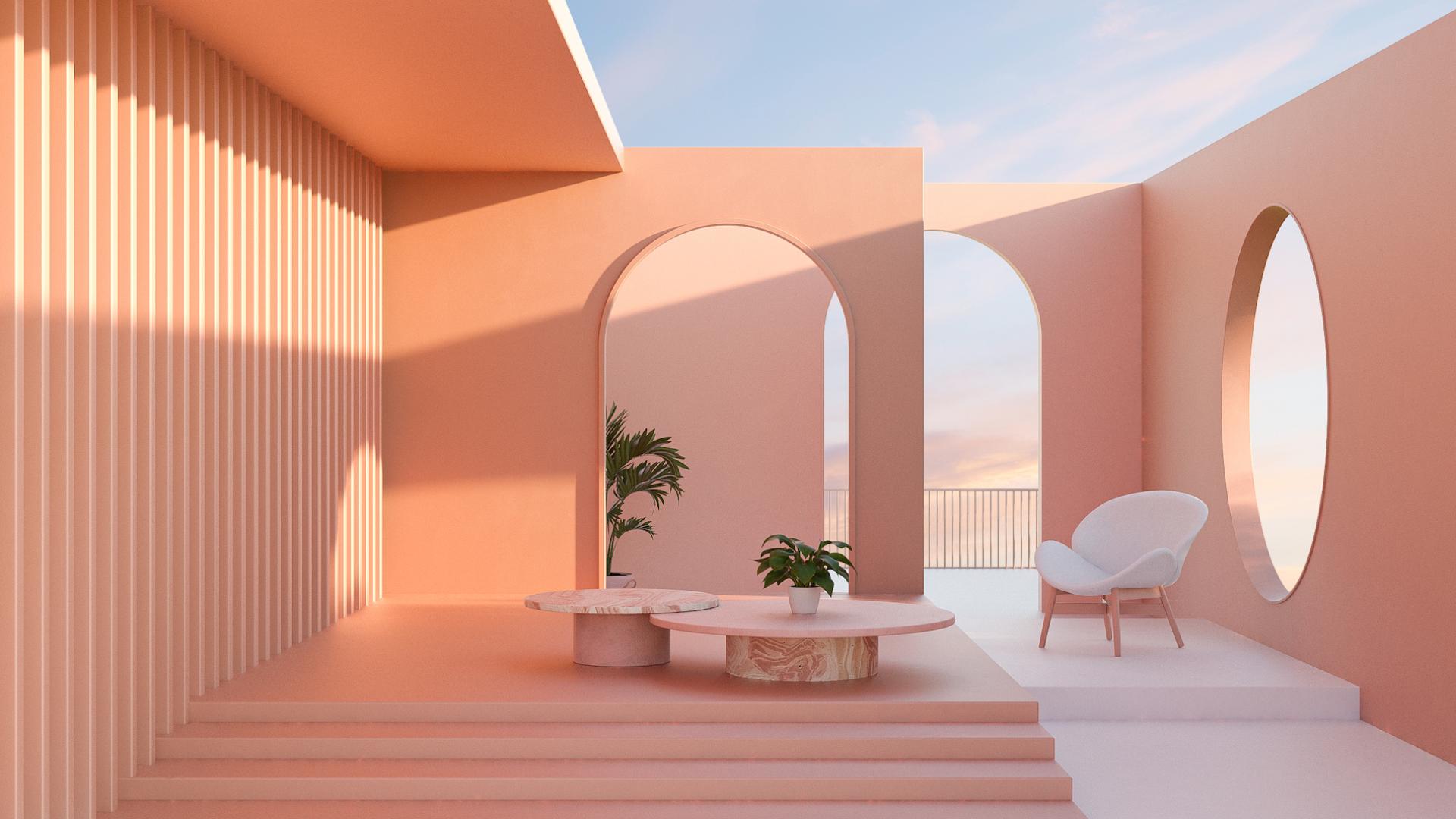 Modern minimalist interior featuring pink concrete walls, archways, a stylish chair, and natural greenery.