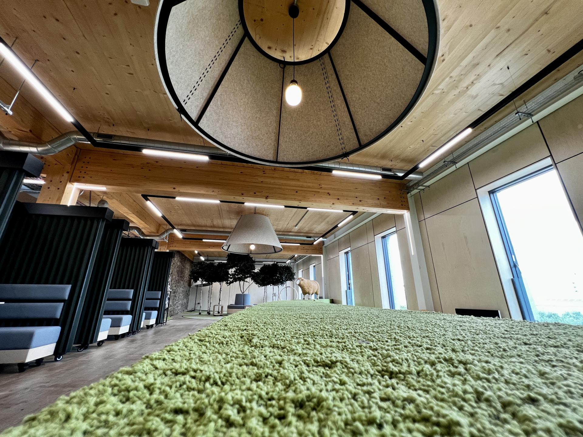 Stylish interior of Leeds' first net zero carbon workspace featuring wooden beams, green carpet, and modern lighting.