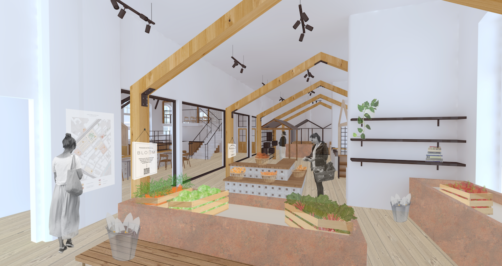 Interior design showcase featuring a sustainable market setup with produce displays, wooden beams, and visitors exploring the exhibit.