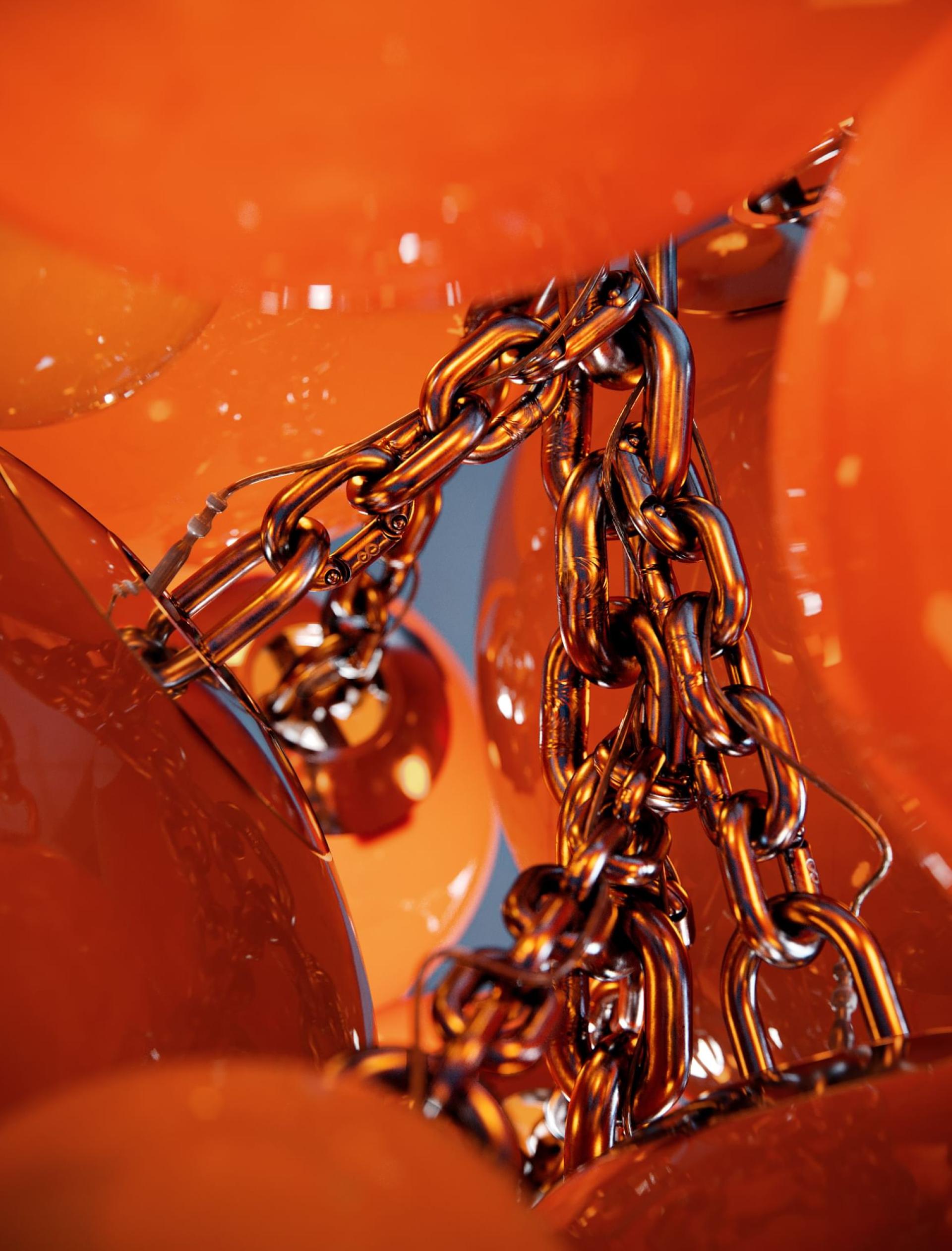 Stylish Kuulas chandelier featuring vibrant amber orbs and intricate metallic chains, showcasing Cameron Design House's bespoke lighting design.