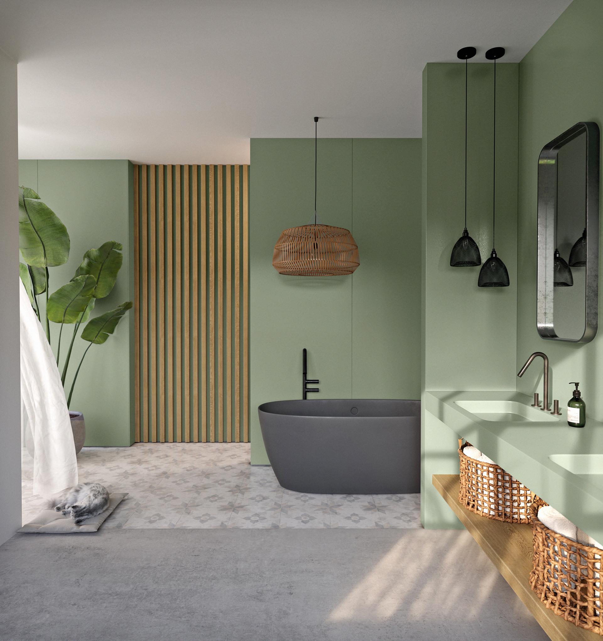 Sleek bathroom featuring Silestone surfaces, a modern bathtub, leafy plants, and a calming green color palette.