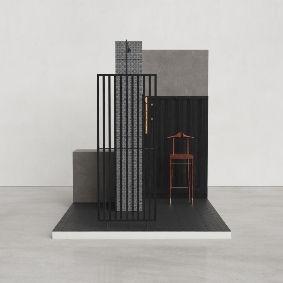 Modern interior showcasing Mutina tiles, a wooden chair, and decorative walls designed by OEO Studio.