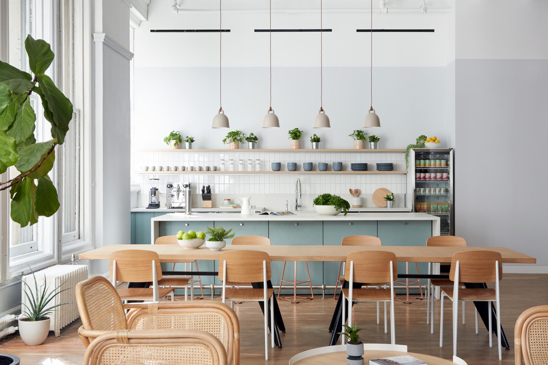 Modern kitchen space designed by Alda Ly Architecture, featuring natural elements, plants, and a welcoming dining area.