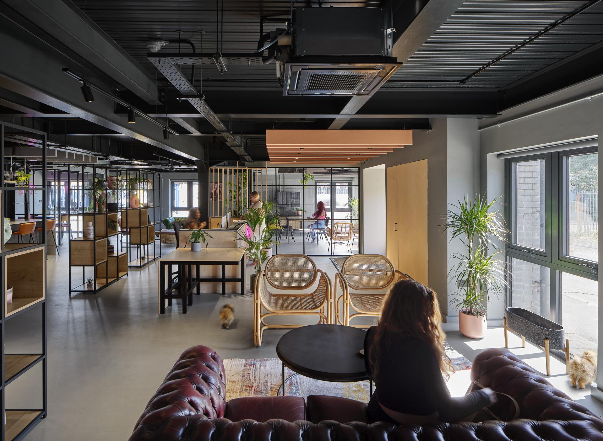 Modern office interior of J’adore Models' HQ featuring stylish seating, greenery, and collaborative workspaces designed by Workshop Design Studio.