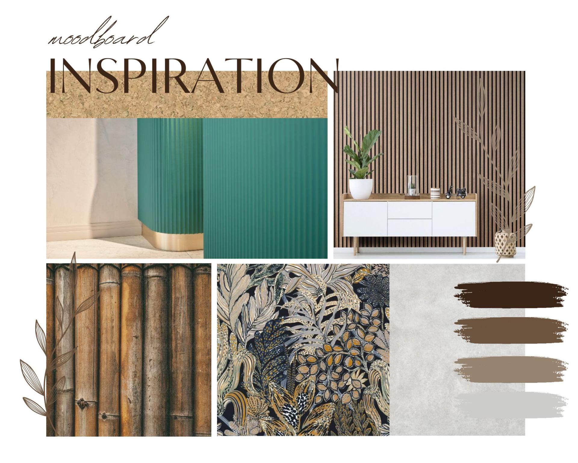 Moodboard featuring design inspirations with textures, colors, and patterns for uplifting interior spaces by Standing Space.