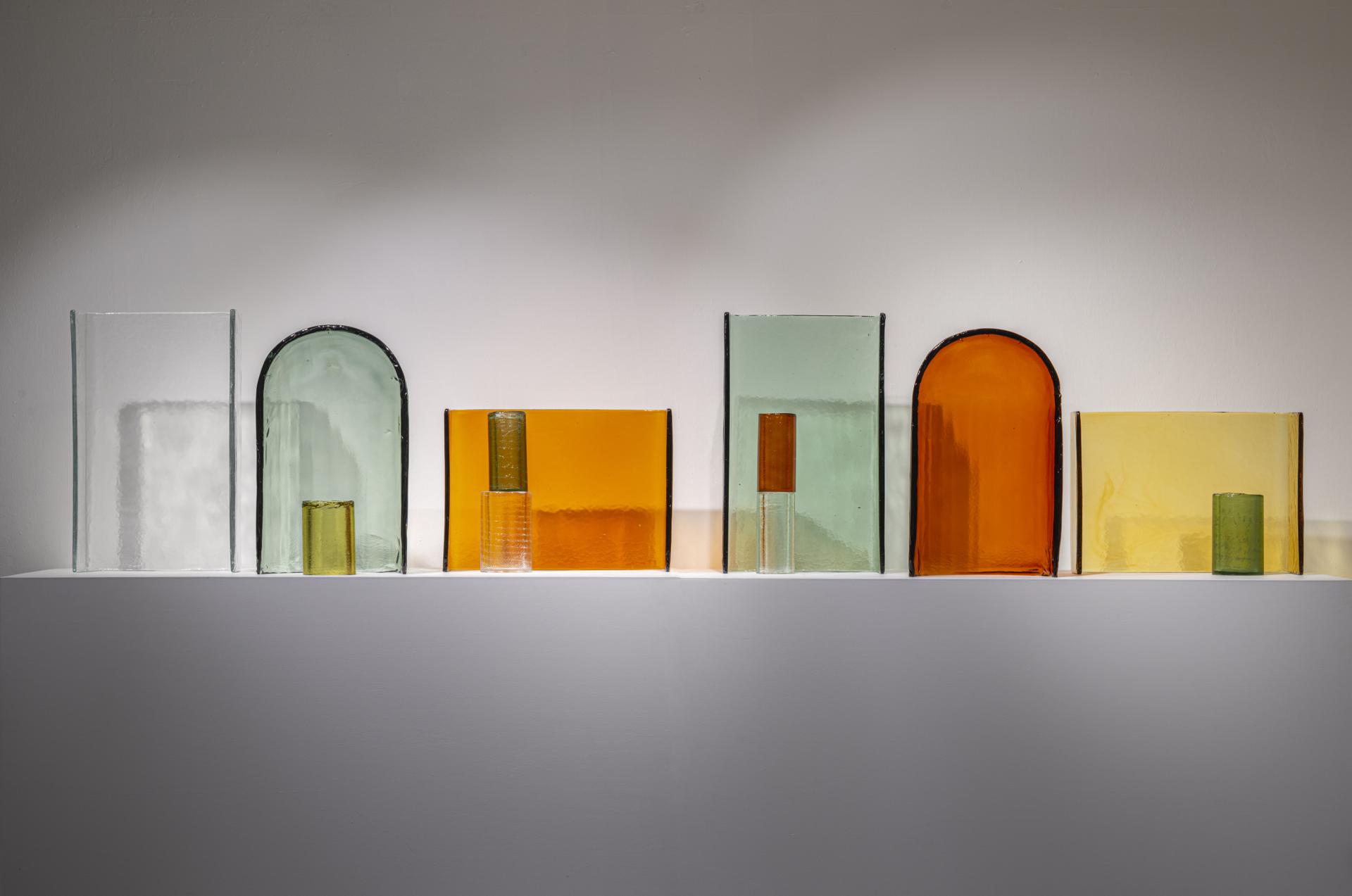 Colorful glass sculptures displayed at the GLASS to GLASS exhibit during the Venice Biennale of Architecture.