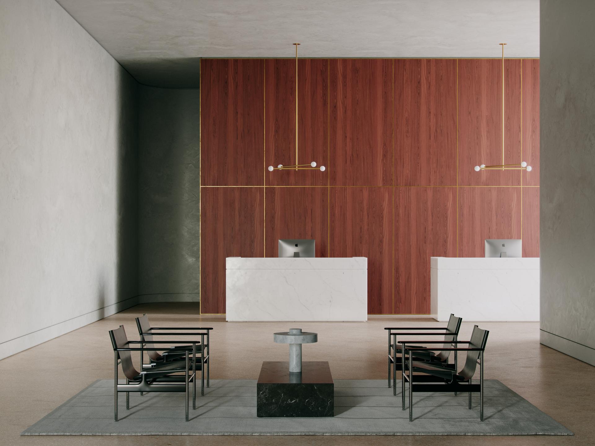 Modern interior featuring acoustic timber paneling, minimalist furniture, and elegant lighting, creating a sophisticated atmosphere.